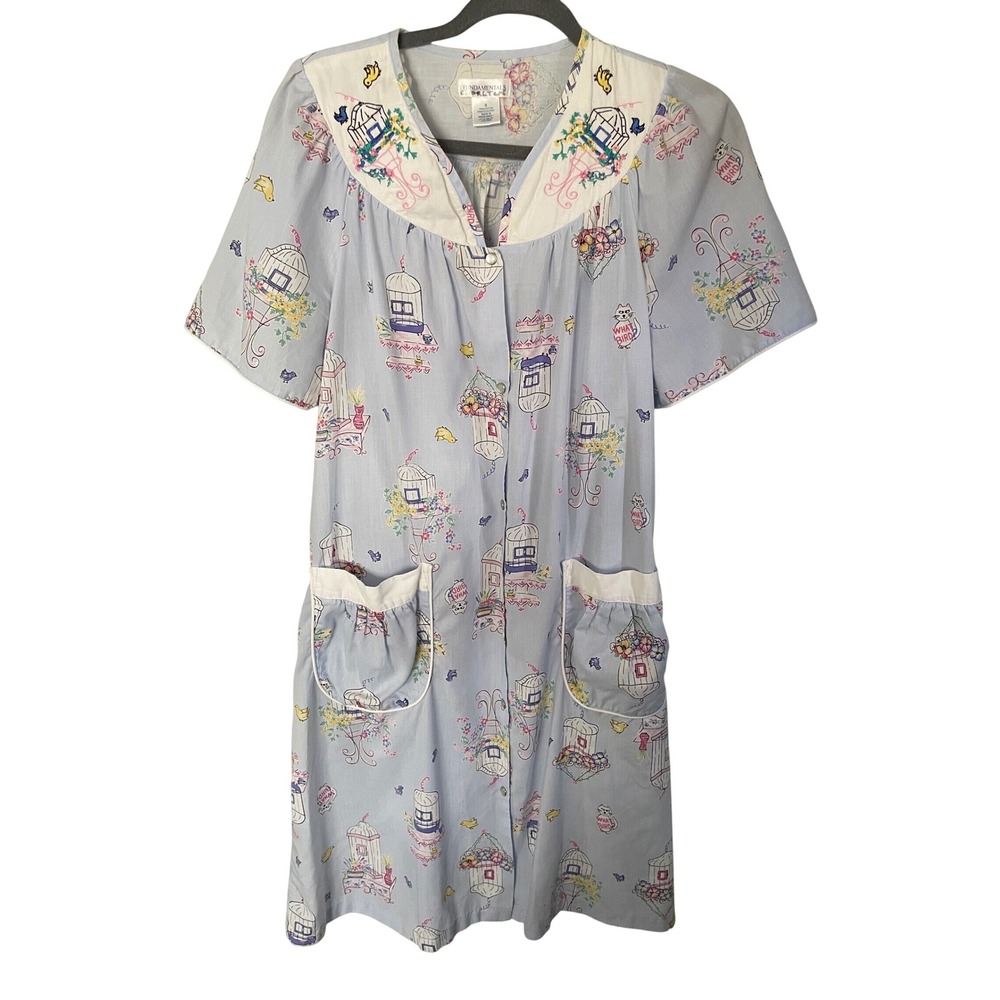 Vintage Fundamentals Small Blue Duster Housecoat Snap Front Embroidered Birds S
